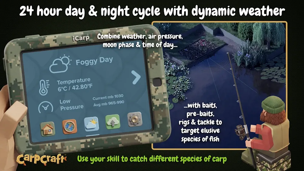 Carpcraft: tablet no jogo com previsão de dia de nevoeiro, 6 °C e pressão baixa, ao lado de um pescador sentado junto a um canal
