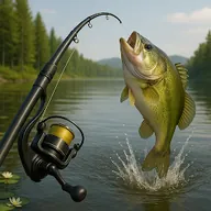 Ícone do Fishing Clash com um achigã a saltar junto a uma cana