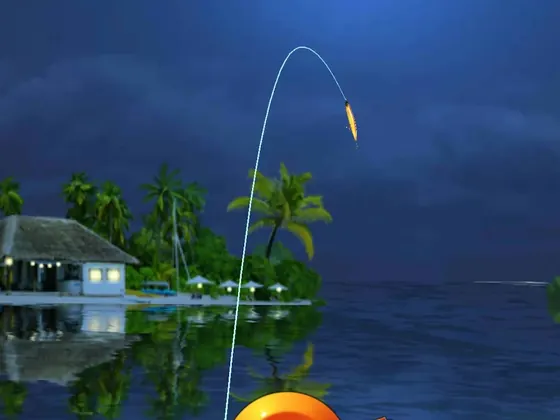 Fishing Hook: noite de lua cheia sobre o mar, com uma cabana tropical e a linha a descrever um arco