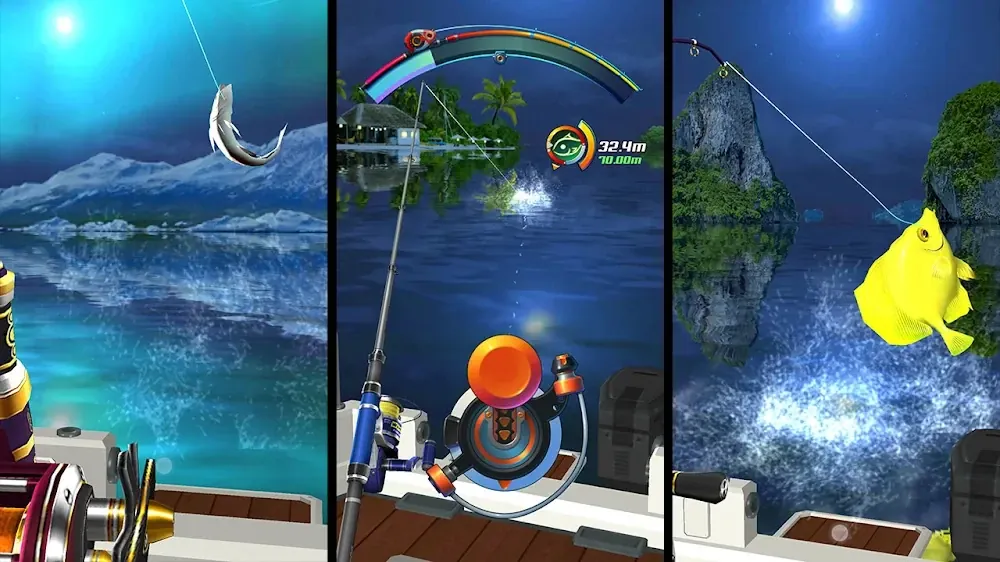 Fishing Hook: três cenas lado a lado, com peixe prateado sobre um glaciar, botão laranja de recolha e peixe amarelo a saltar junto a rochas