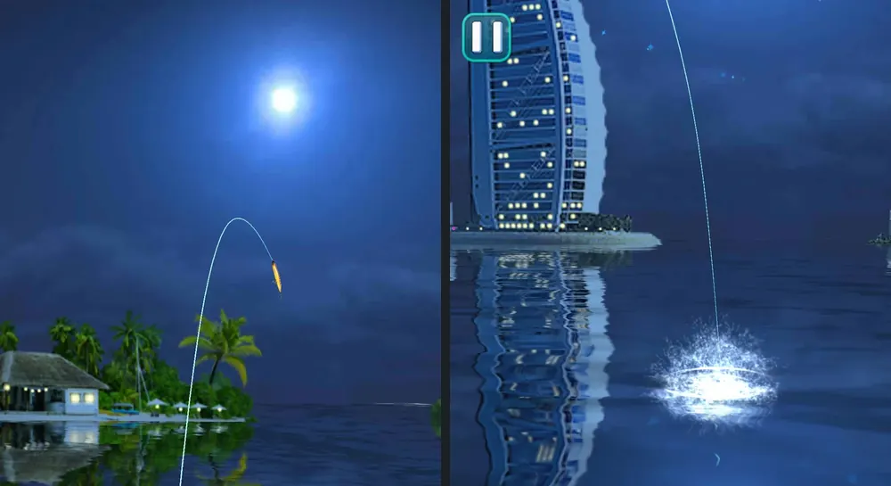 Fishing Hook: duas cenas noturnas, uma ilha com palmeiras sob a lua e um hotel iluminado refletido na água