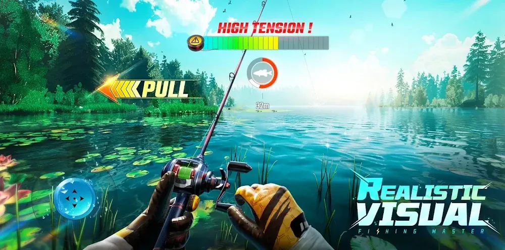 Fishing Master: vista na primeira pessoa num lago com nenúfares, com aviso de tensão elevada e seta a indicar puxar