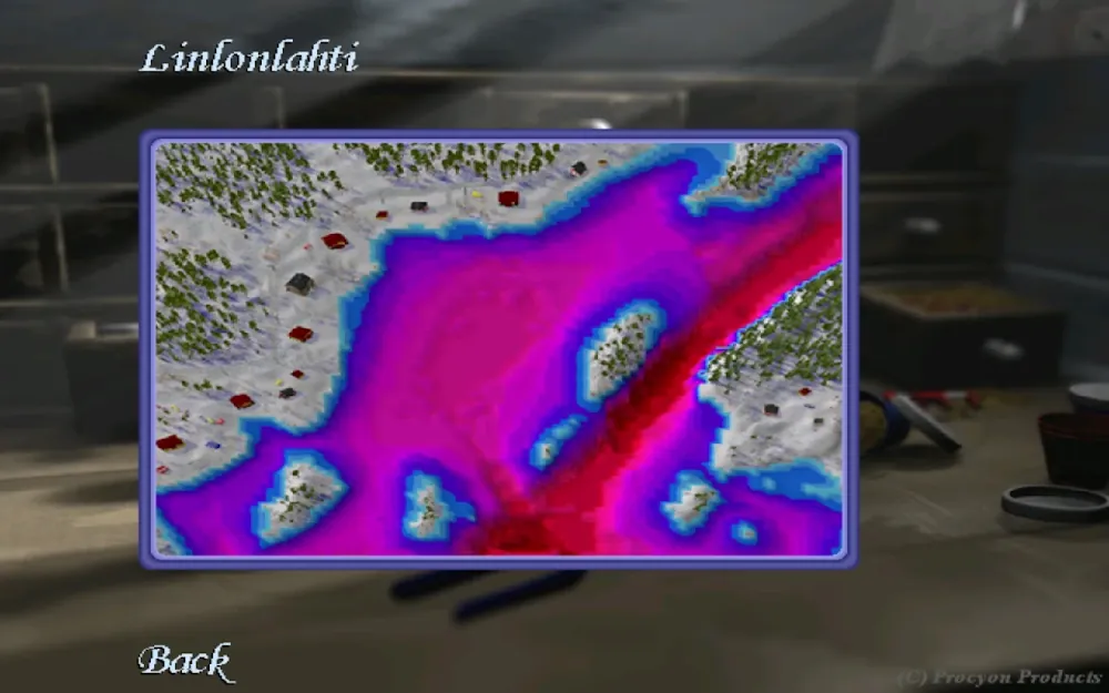 Pro Pilkki 2: mapa de profundidade do lago Linlonlahti em tons de azul e magenta
