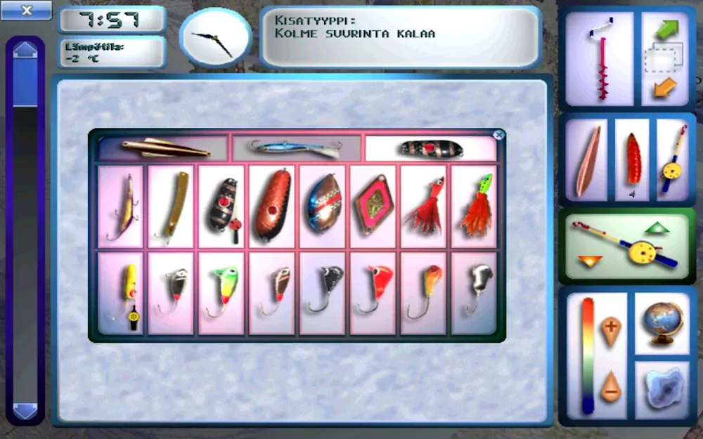 Pro Pilkki 2: grelha com duas filas de amostras de pesca coloridas e painel lateral de equipamento