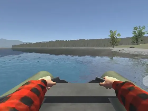 Ultimate Fishing Simulator: vista na primeira pessoa a remar um barco insuflável num lago com floresta