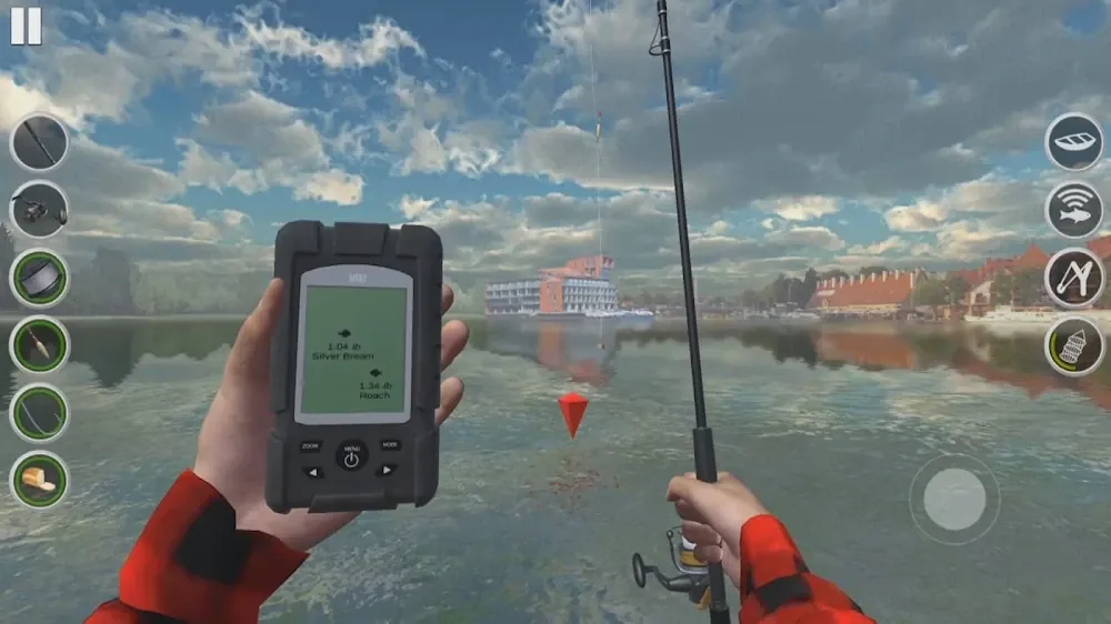 Ultimate Fishing Simulator: sonda portátil na mão esquerda e cana na direita, com casario à beira-rio ao fundo